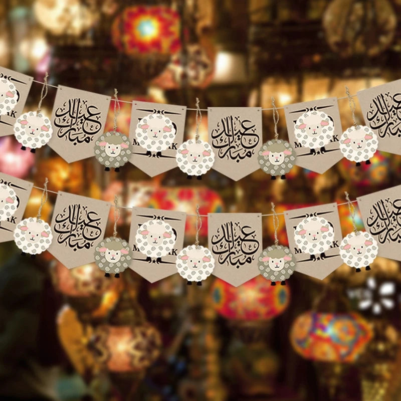 2024 EID Mubarak Paper Banner Bunting Garland Islamic Muslim Festival Party Supplies Ramadan Kareem Home Decoration Eid Gifts
