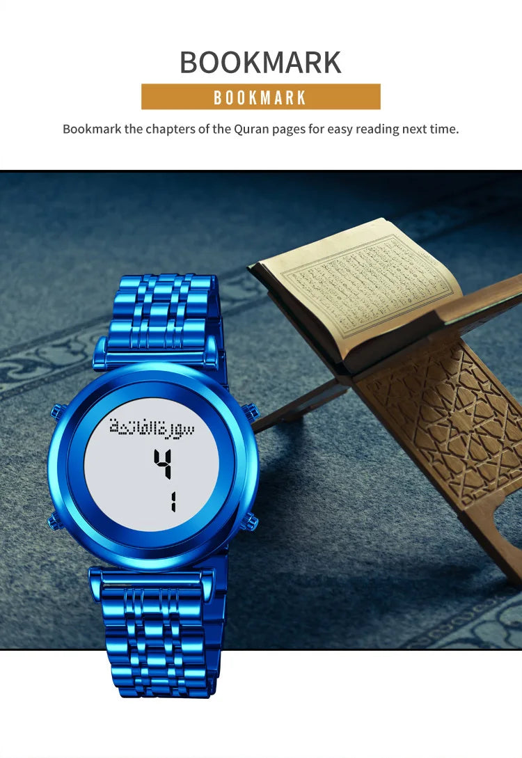 Muslim Azan Digital Watch Mens Back Light Waterproof Steel Hijri Islamic Wristwatch Prayer Qibla Compass Alarm Clock
