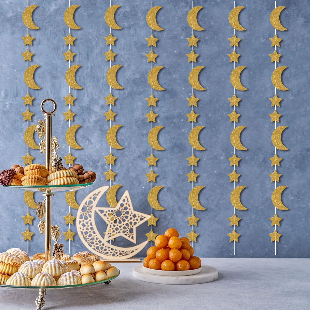 Glitter Gold Star Moon Banner Ramadan Paper Garland Hanging Decoration Ramadan Kareem Eid-al-fitr Islamic Eid Mubarak Decoration