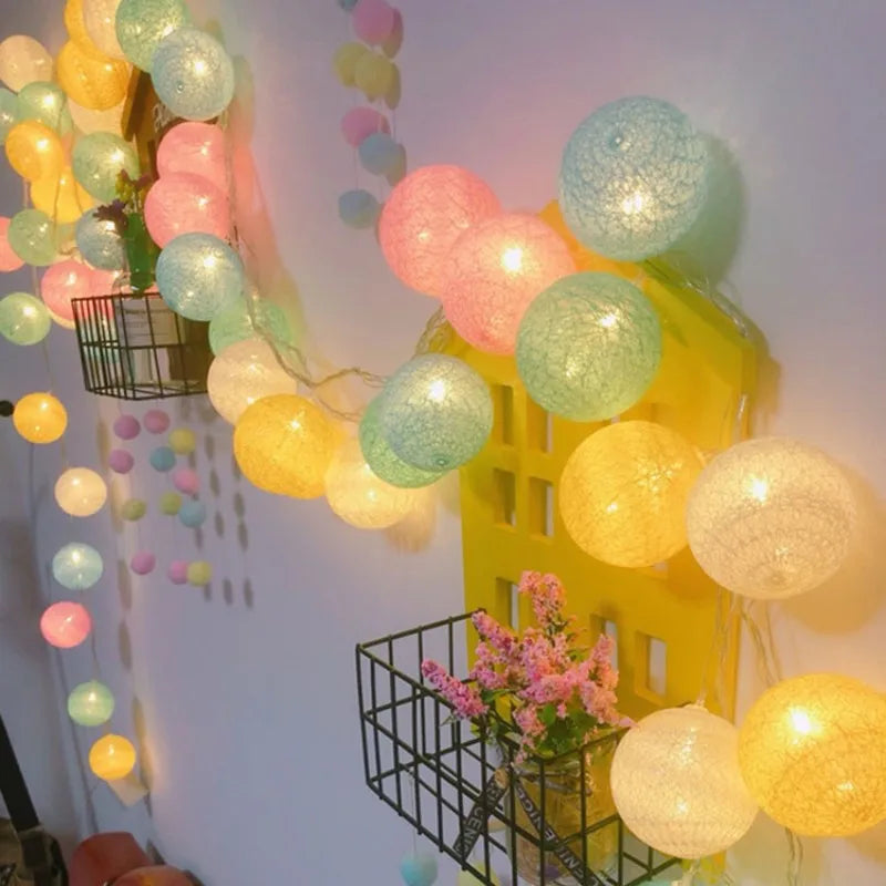 Battery Colorfull Cotton Garland 4cm LED Balls Christmas String Holiday Lights for Home Decoration Wedding Fairy Bedroom Decor