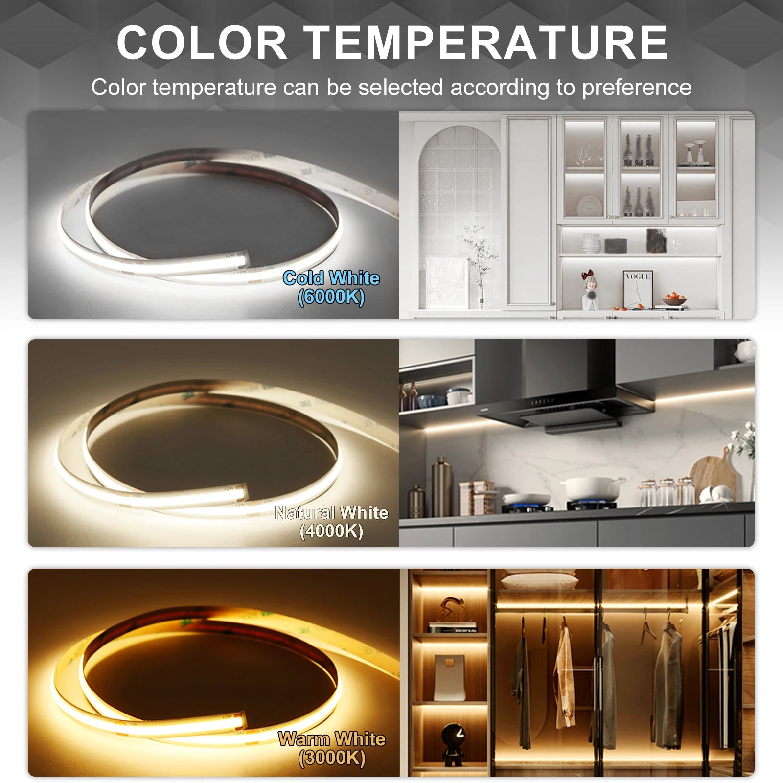 WiFi Zigbee Under Cabinet COB Led Strip Dimmable Bookcase Wardrobe Closet Ribbon Light Kit Collection Display Backlight LED Tape