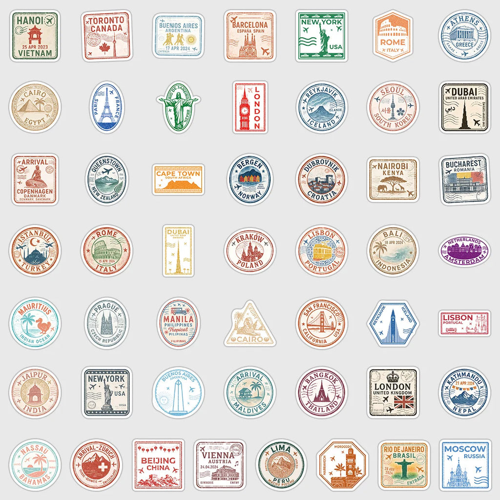 10/50PCS New Passport Stamp Graffiti Stickers Famous Buildings Travel City Cartoon Decal Laptop Phone Cup Car Classic Kid Toys
