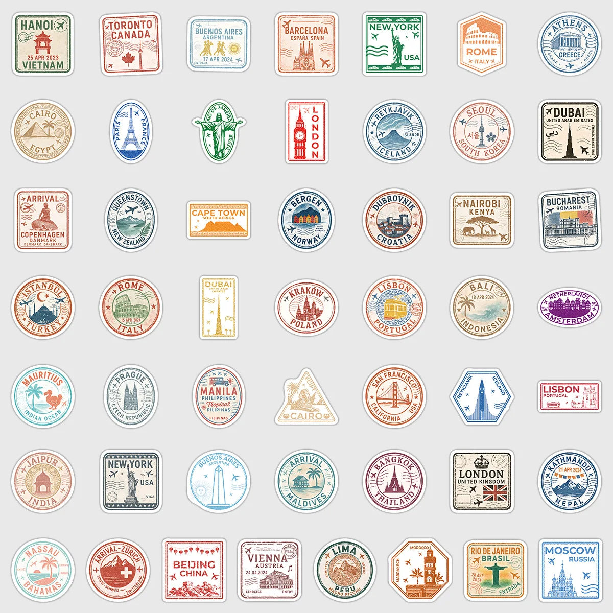 10/50PCS New Passport Stamp Graffiti Stickers Famous Buildings Travel City Cartoon Decal Laptop Phone Cup Car Classic Kid Toys