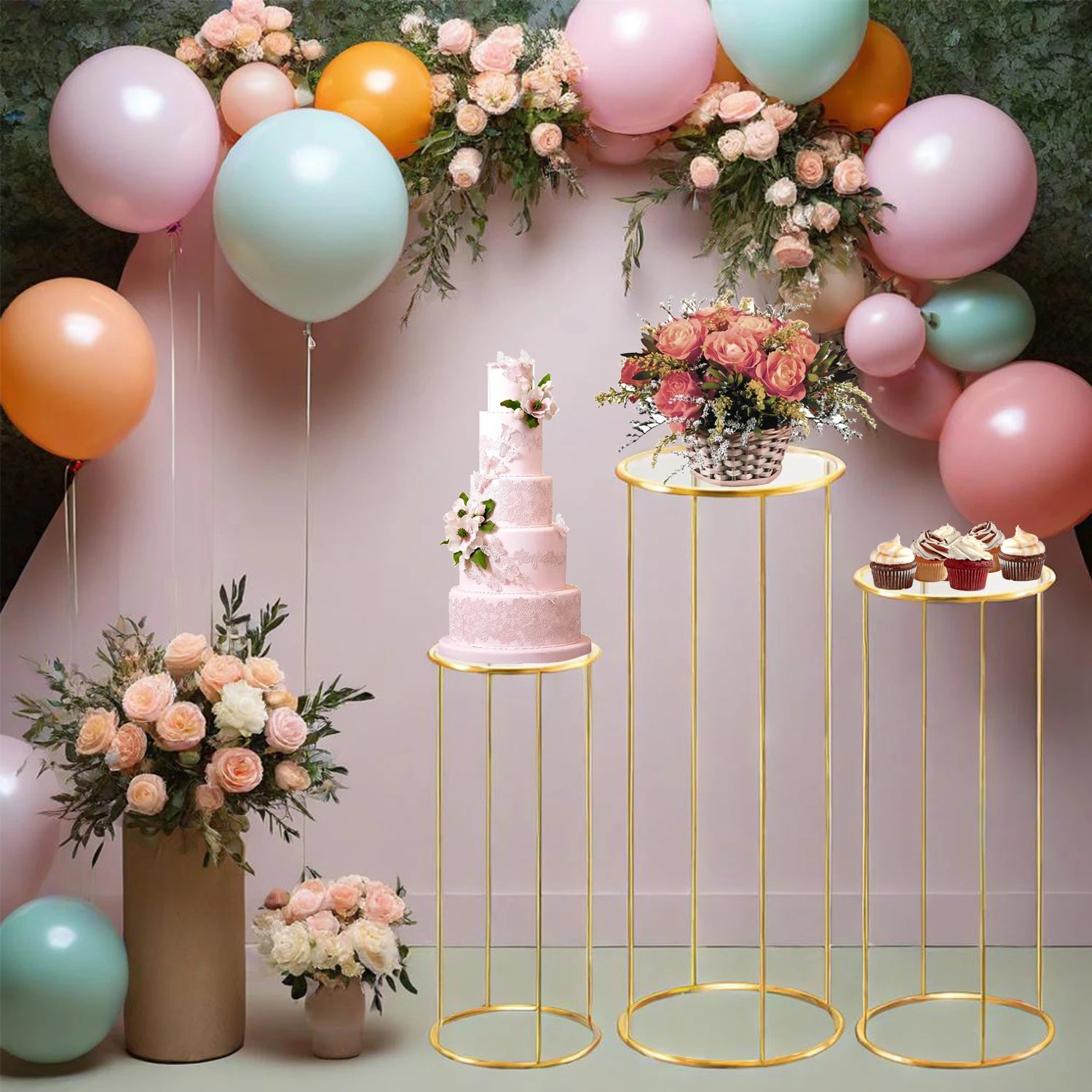 3pcs Cylinder Plant Stand Large Metal Gold Cylindrical Plant Stand Display Pillars for Party Flowers Birthday Wedding Decor Supp