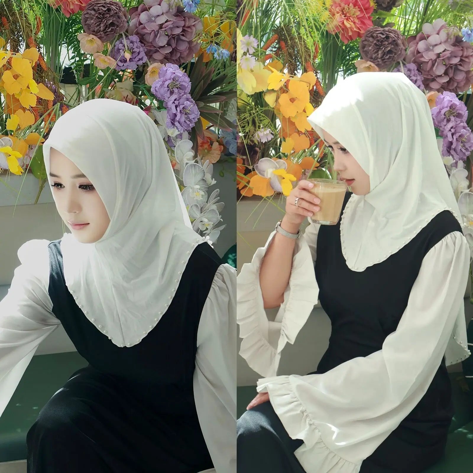 Women Fashion Beaded Headscarf Wear Directly Instant Hijab Arab Islamic Khimar Laides Shawls Eid Ramadan Turban