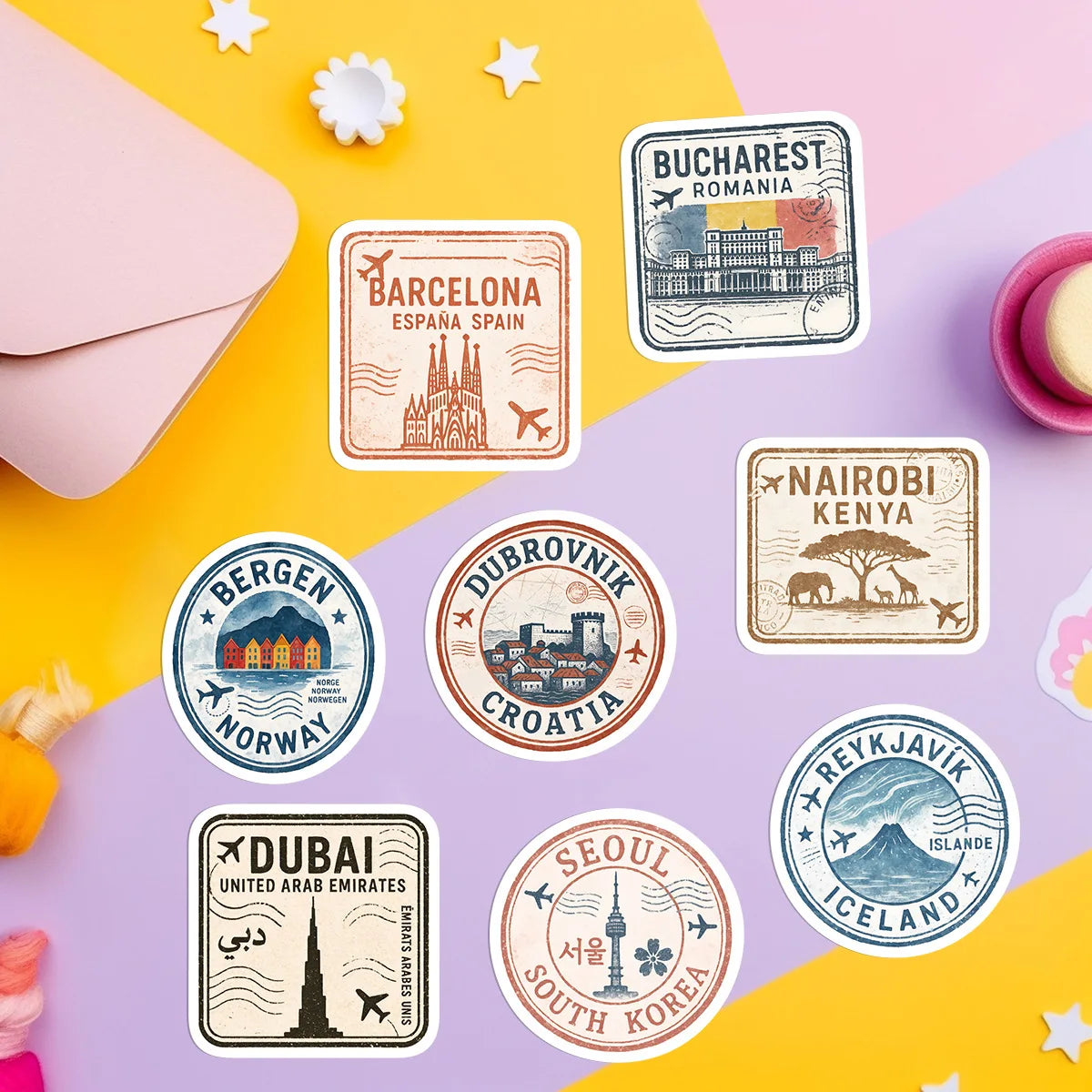 10/50PCS New Passport Stamp Graffiti Stickers Famous Buildings Travel City Cartoon Decal Laptop Phone Cup Car Classic Kid Toys