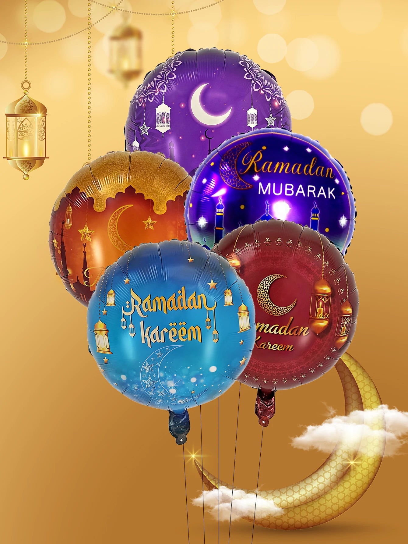 5pcs 18inch Round Ramadan Kareem Foil Balloons Eid al-Fitr Helium Balloons Ramadan Mubarak Eid Mubarak Decorations