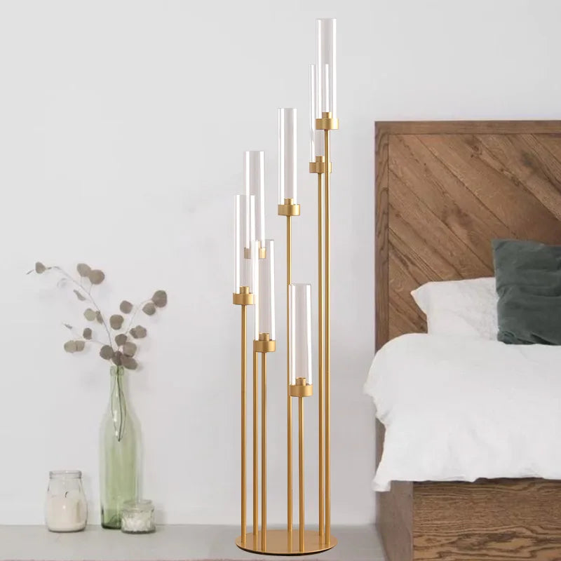 4Sets 7 Arms Floor Candelabra Wedding Centerpieces Gold 48" Tall Metal Candlestick Holders with Acrylic Removable Lampshade