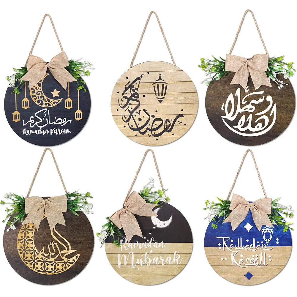 Elegant Ramadan Kareem Wreath Wooden Sign Eid Mubarak Door Hanger Plaque Wall Door Islam Eid Mubarak Muslim Home Window Decor