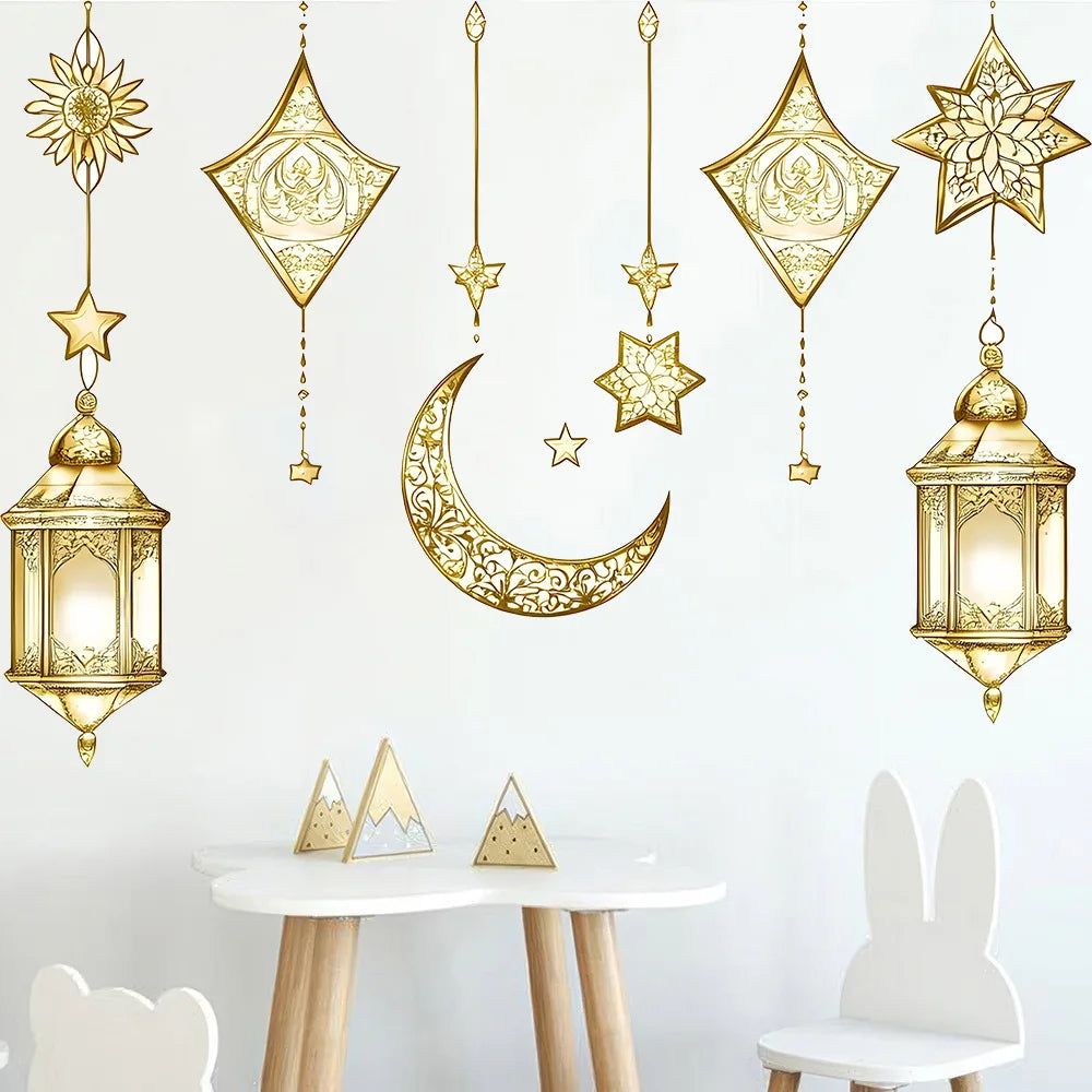 Eid Mubarak Wall Stickers Star Moon Lantern Ramadan Kareem Wall Decals Muslim Islamic Window Sticker Decorations