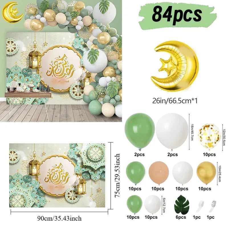84pcs Eid Mubarak Green Gold Balloon Garland Arch Ramadan Kareem Decorations Home 2026 Aid Moubarak Islamic Festival Party Decor
