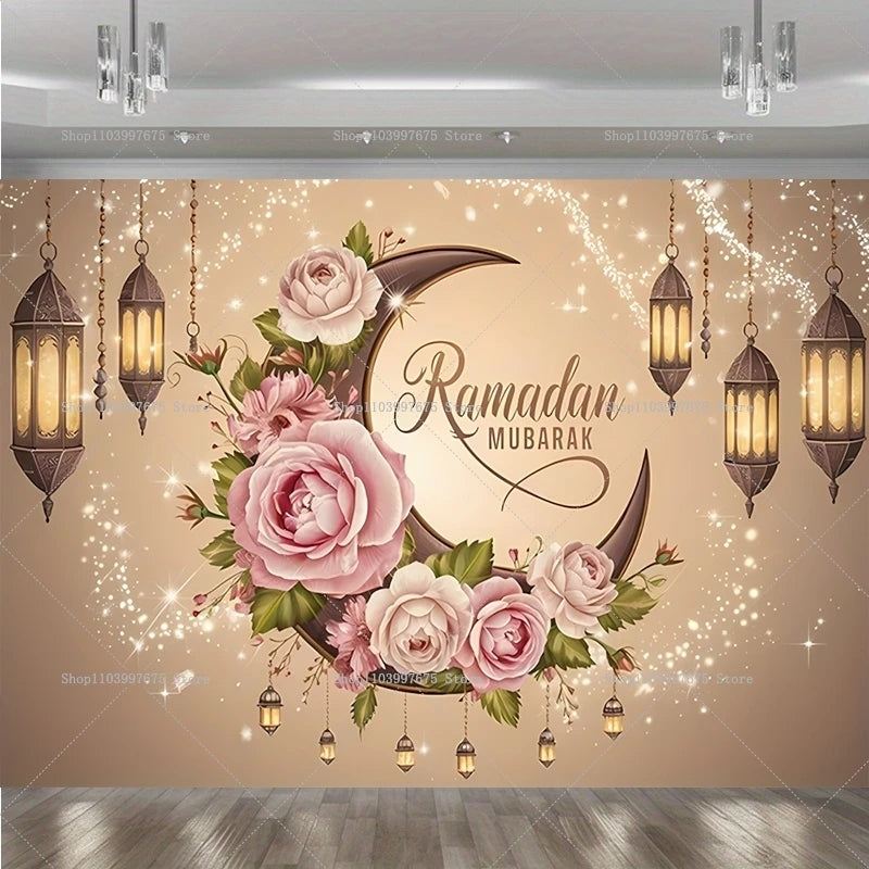 2D Ramadan Golden Crescent Moon Backdrops Eid Mubarak Party Decor Photography Background Banner Studio Photo Booth Props