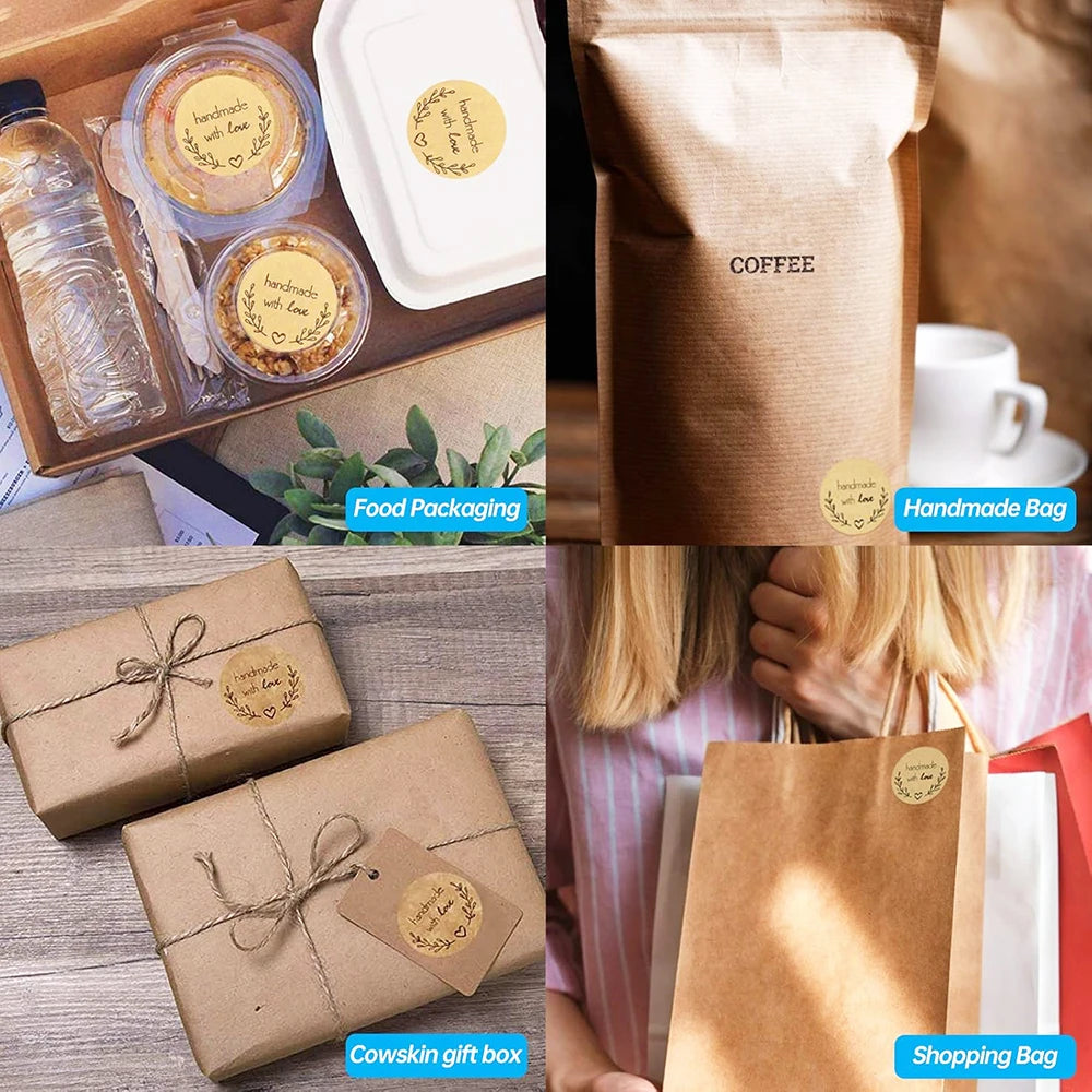 500pcs 1inch Handmade with Love Stickers Baking Kraft Paper Stickers Packaging Envelope Seals Wedding Birthday Party Gift Labels
