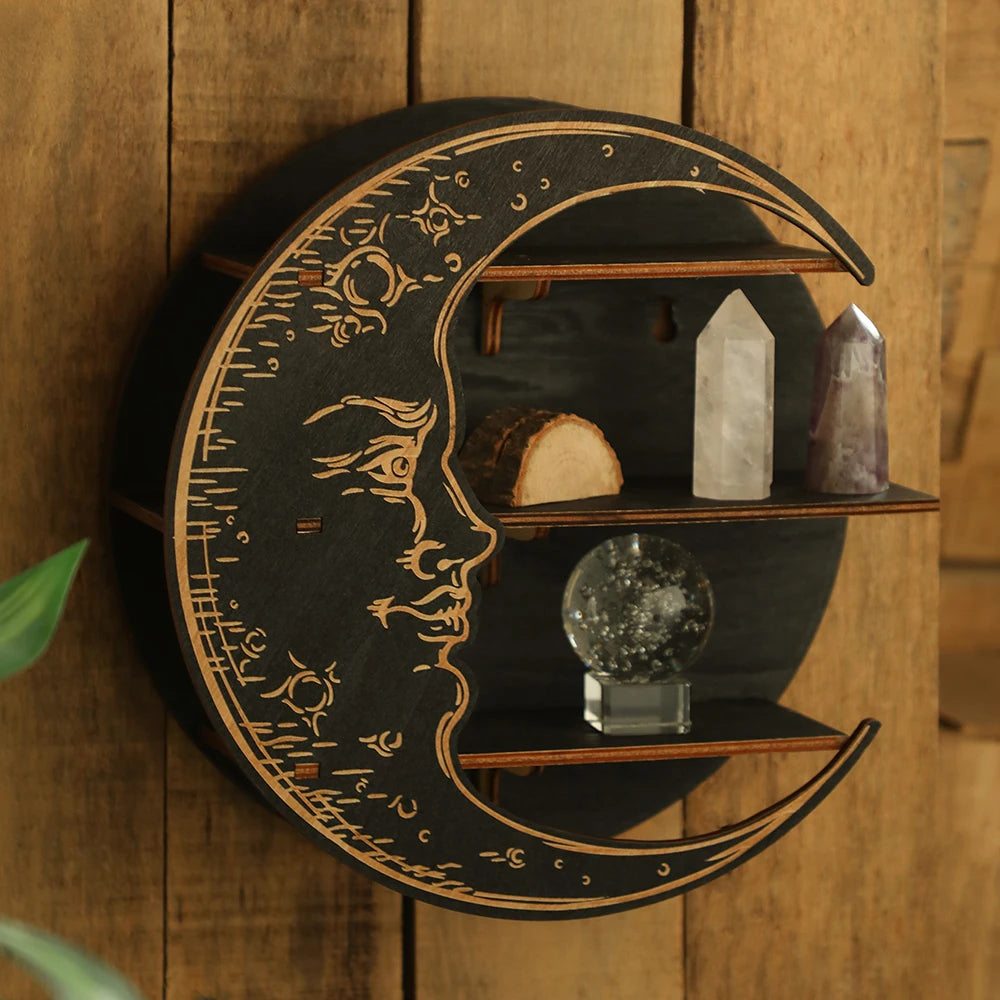 Crystal Display Wooden Shelf Moon Face Hanging Wall Jewelry Holder Bohemian Home Decor Floating Stand Shelves Room Decoration