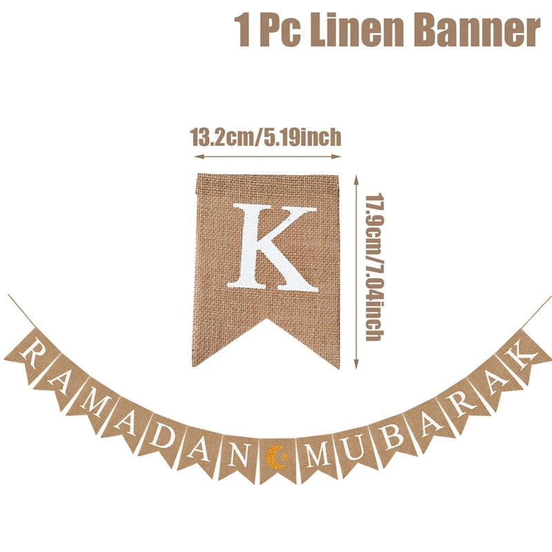 Eid Mubarak Linen Banner Garland Moon Star Hanging Ornaments Islamic Muslim for Home Ramadan Decoration Festival Party Supplies