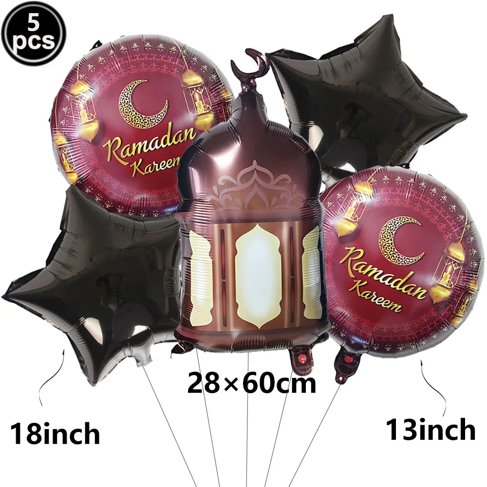 5pcs Eid Mubarak Balloons Decors Ramadan Lantern Moon Star Shape Moon Castle Pattern Foil Balloons Islamic Muslims Party Supplie