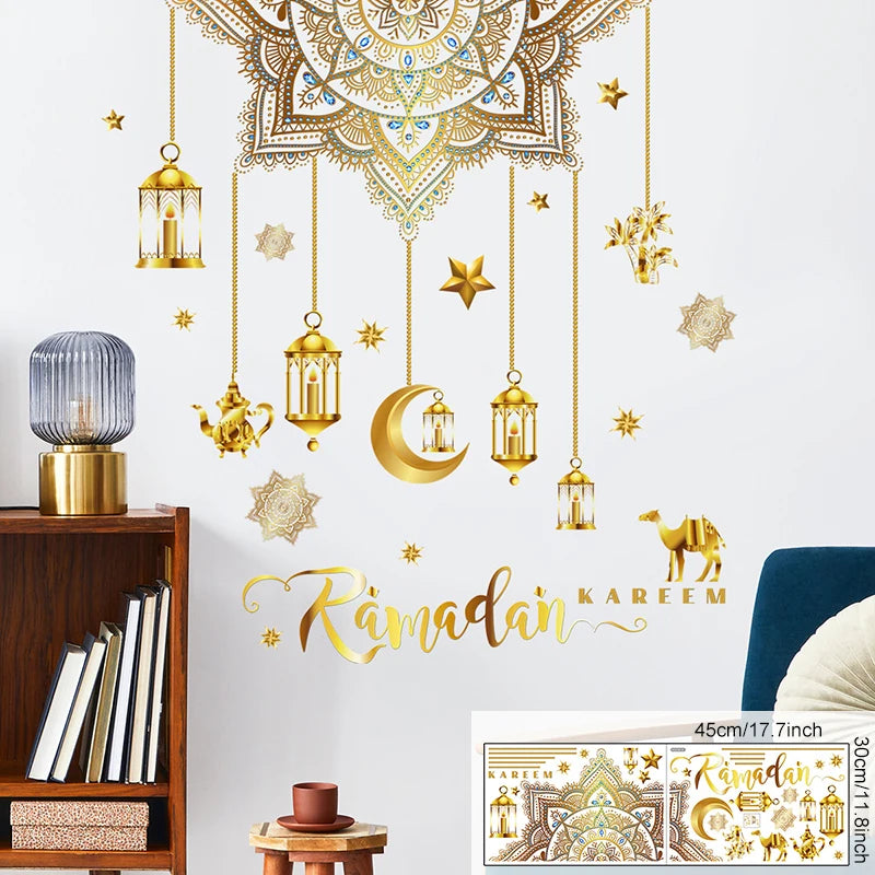 Eid Mubarak Wall Stickers Moon Star Lantern Ramadan Kareem Wall Decals Muslim Islamic Window Sticker Decorations for Home 2024