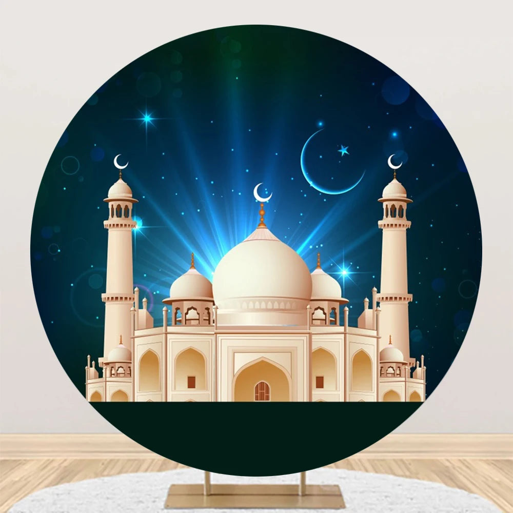 Eid al Fitr Mubarak Round Backdrop Cover Arab Ramadan Karim Golden Moon Star Cloud Lantern Party Decor Banner Photo Stall Props