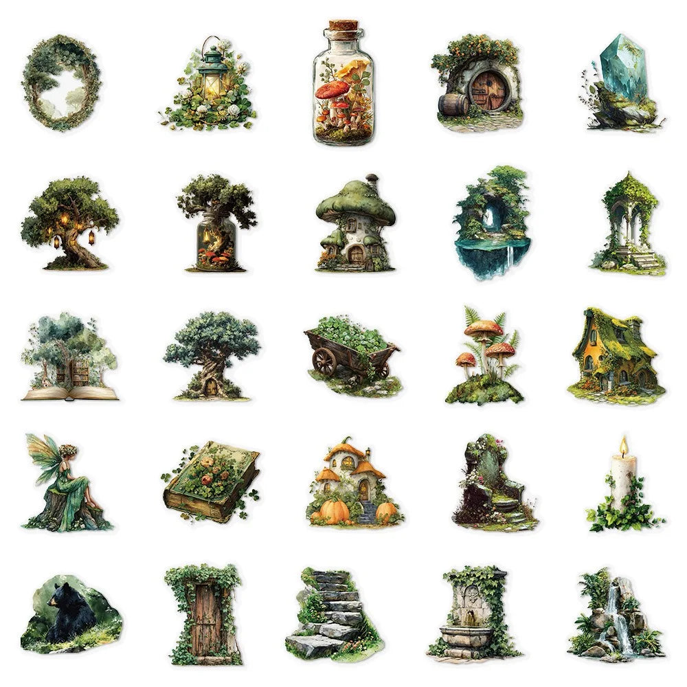 50Pcs Magic Green Forest Witch Stickers DIY Scrapbooking Diary Stationery Phone Luggage Skateboard Waterproof PET Decals