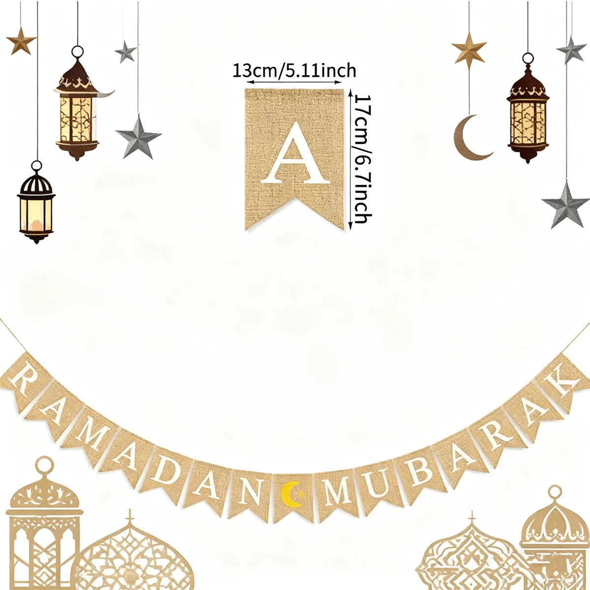 Eid Mubarak Linen Banner Garland Moon Star Hanging Ornaments Islamic Muslim for Home Ramadan Decoration Festival Party Supplies
