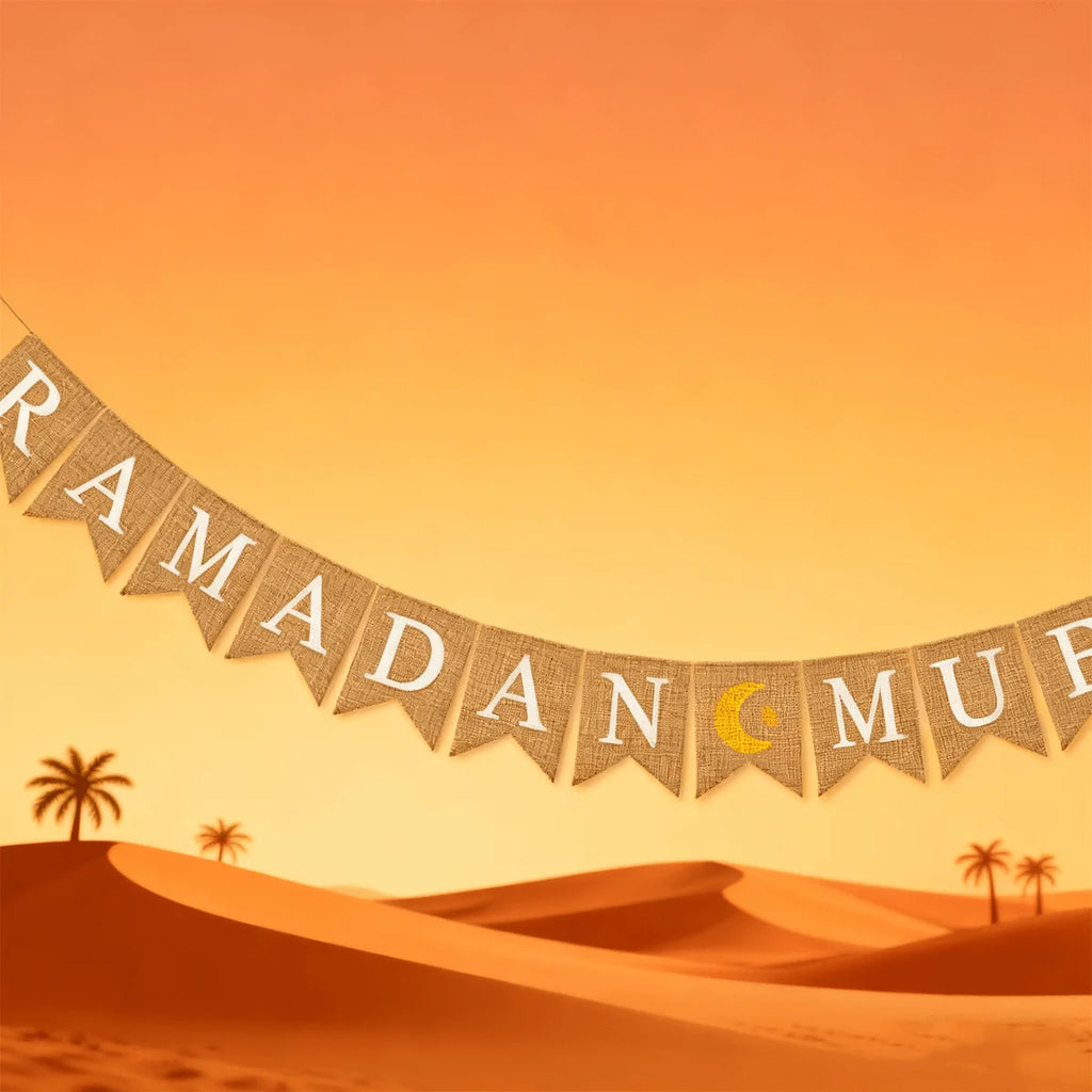 Eid Mubarak Linen Banner Garland Moon Star Hanging Ornaments Islamic Muslim for Home Ramadan Decoration Festival Party Supplies