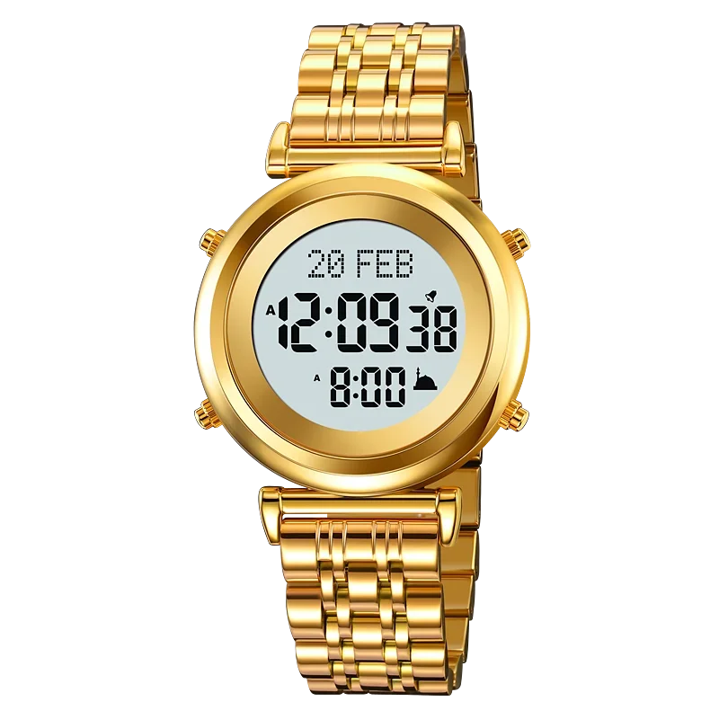 Muslim Azan Digital Watch Mens Back Light Waterproof Steel Hijri Islamic Wristwatch Prayer Qibla Compass Alarm Clock