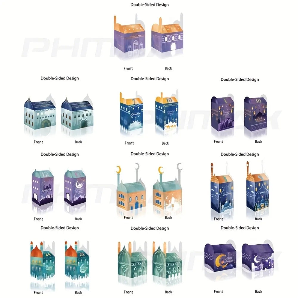 30-piece Ramadan "Exotic Countdown Gift Box"! Mosque Night Scene Design, Colourful and Unique Shapes, Printing Ramadan Dates,