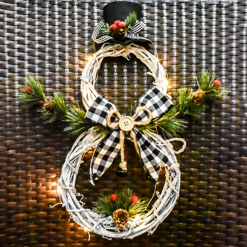 Christmas Snowman Wreath Garland Led Light Door Decoration Artificial Home Window Wall Background Door Hanging Luminous Ornament