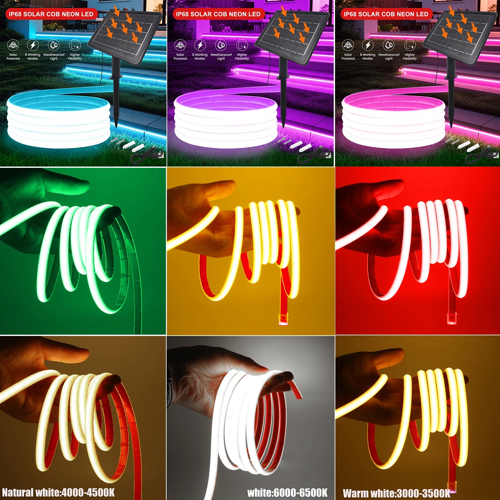 IP68 Waterproof Solar Powered COB Neon Strip 24V 320Leds 3000K 4000K 6000K Red/Green/Blue/Yellow Flexible Ribbon Rope LED Light