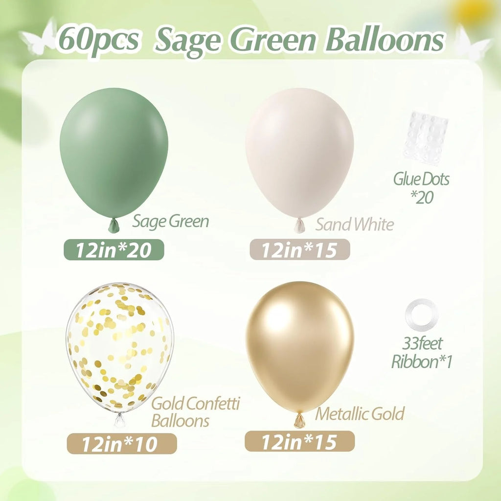 60Pcs Sage green Sand White Metallic Gold Confetti Balloons for Boho Birthday Wedding Bridal Baby Shower Engagement Party Decor