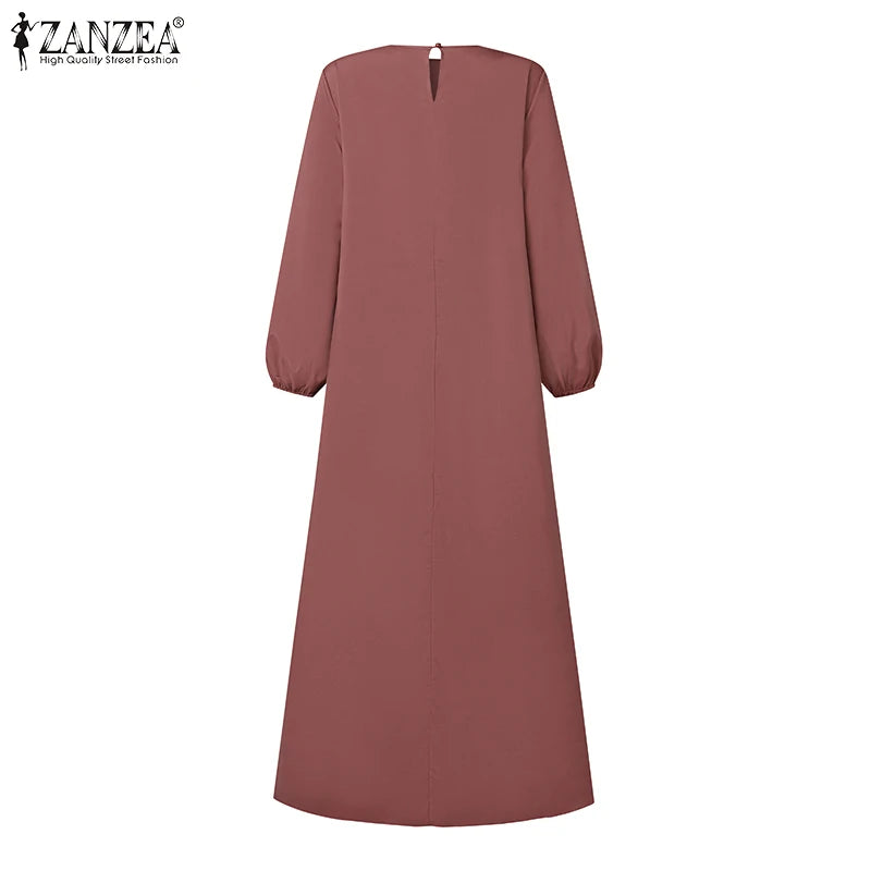 2025 ZANZEA Islamic Hijab Women Abaya Robe – Elegant O-Neck A-Line Dress