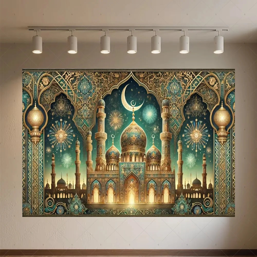 Background of The Moon Mosque Themed Party During Eid Fitr, Islamic Muslim Karim Ramadan Party Decoration Photography Background