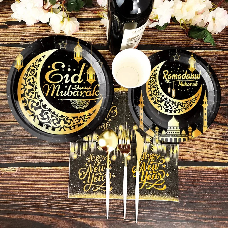 Eid Mubarak Party Tableware Set Disposable Plates Napkins Banner Tablecloth Ramadan Decorations Islamic Muslim Party Supplies