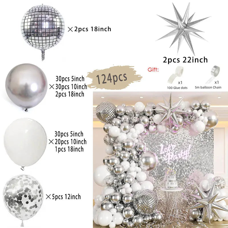 White and Gold Balloons Garland Arch Kit with Starburst Foil Balloon for Wedding Anniversary Birthday Party Decorations Supplie