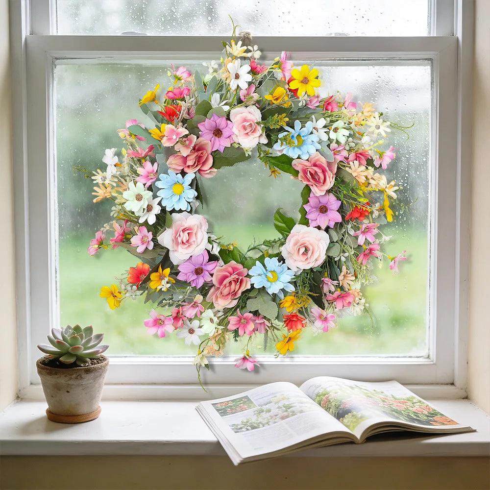 YeeNanee Vibrant Wild Flowers Spring Wreaths for Front Door Artificial Daisy Tulip Lambs Ear Summer Wreath Home Wall Decoration