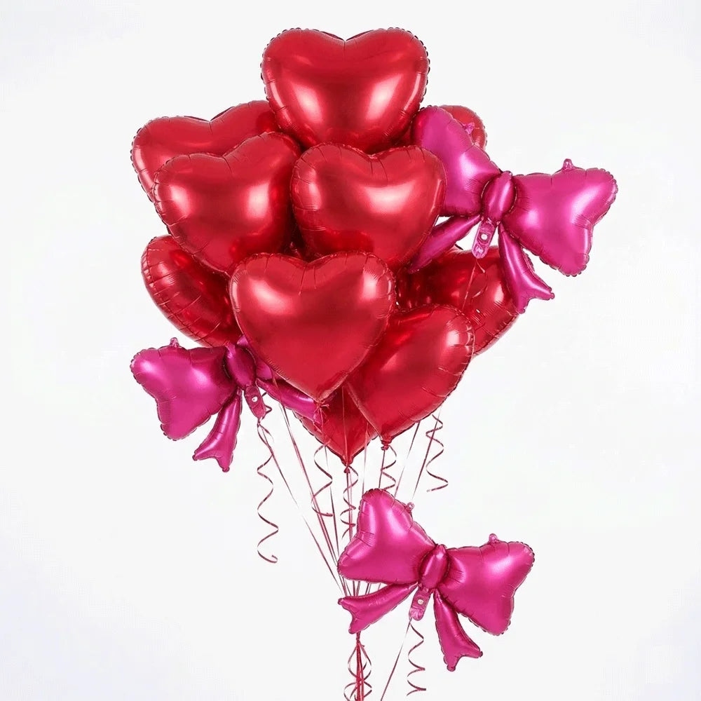 Red Heart-Shaped Balloon Metallic Burgundy Bow Balloon Set 10pcs Heart Foil Balloon Valentine's Day Wedding Birthday Party Decor