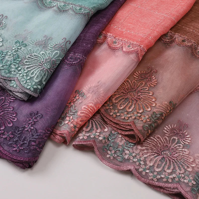 New Designers Lace Scarf Women Luxury Hijabs for Woman Bandana Shawl Veil Comfort Wear Paillette Embroidery Scarves Wrap Hijabs