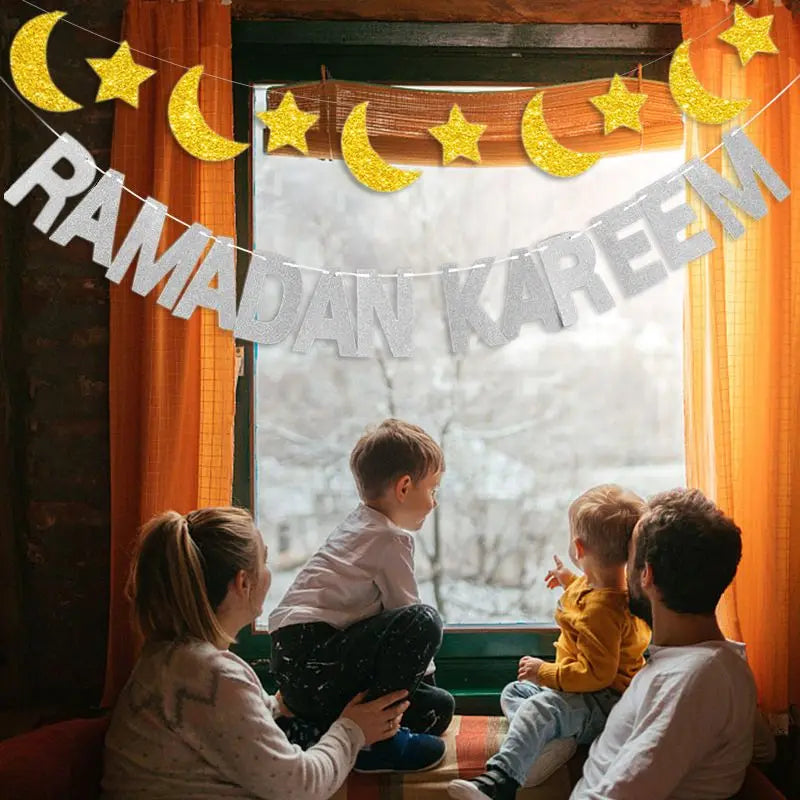 EID Mubarak Banner Glitter Star Moon Letter Paper Bunting Garland Islamic Muslim Party Ramadan Kareem Decorations for Home 2026