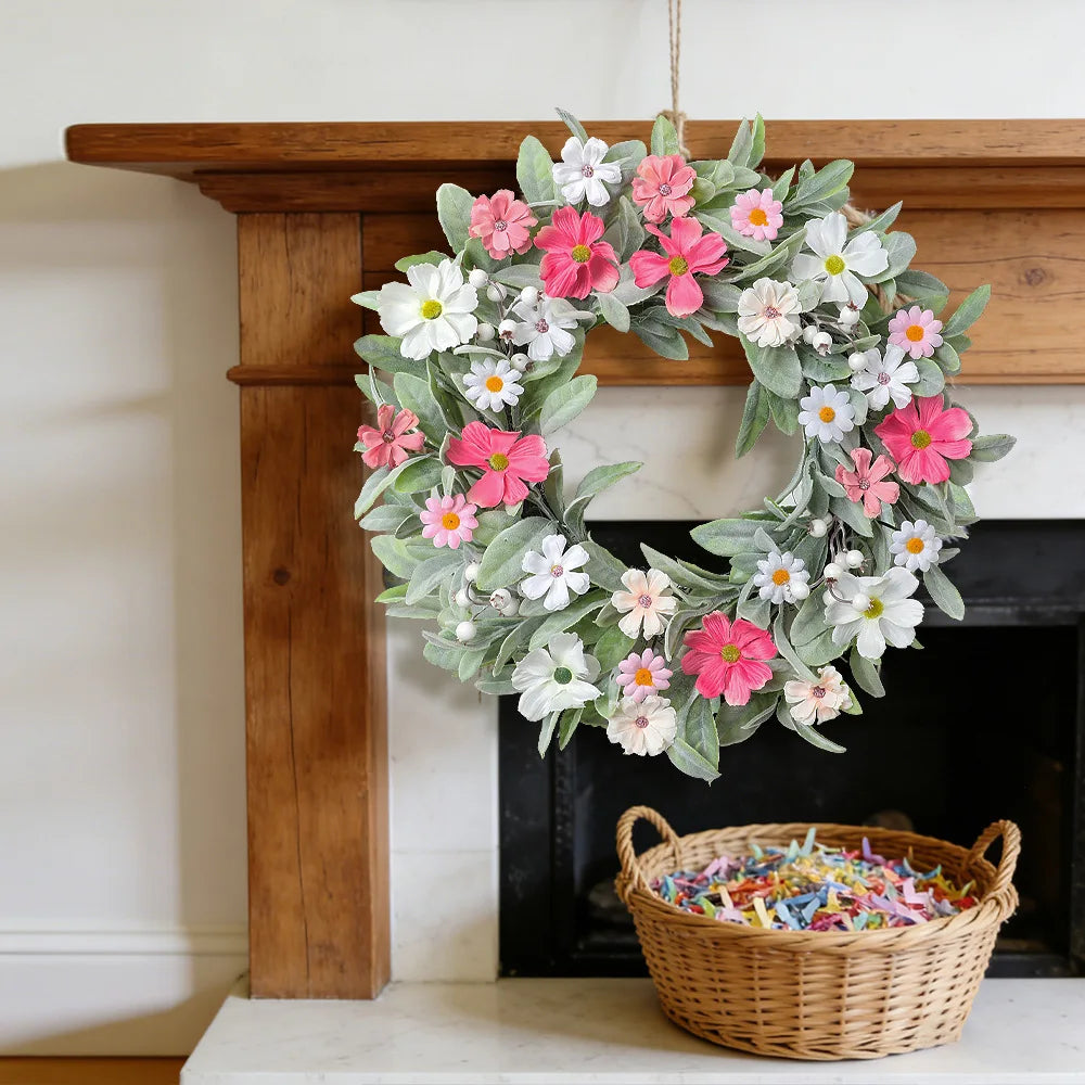YeeNanee Vibrant Wild Flowers Spring Wreaths for Front Door Artificial Daisy Tulip Lambs Ear Summer Wreath Home Wall Decoration