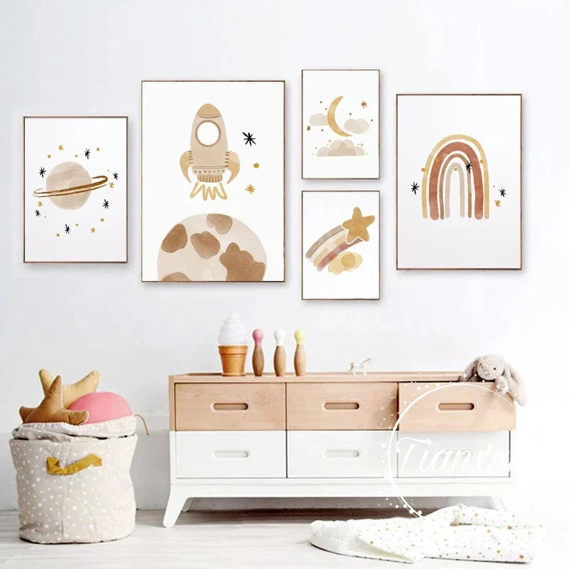 Nursery Wall Art Sun Stars Moon Earth Posters And Prints Children's Room Decoration Cartoon Universe Picture For Kid Room Poster