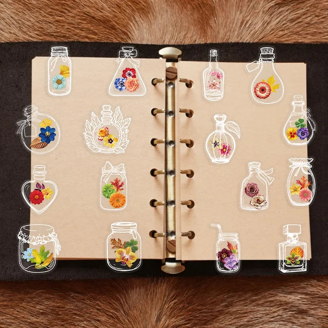 50/100PCS Glass Bottles with Dried Flower PET Sticker Waterproof Oil proof Transparent Romantic Art Colorful Flower Gift