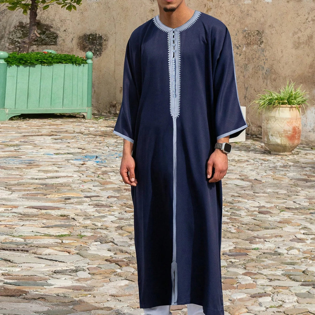 Muslim men's thobe long-sleeved embroidered Saudi Arabia elegant Islamic traditional clothing for festivals Arab Robe Dress
