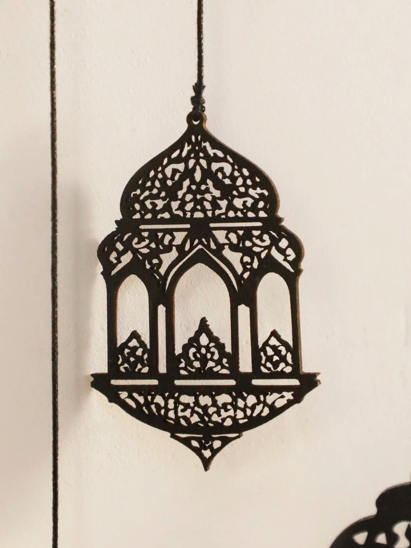 Wooden Wall Decor - Black Wooden Crescent Moon with Star Cutouts , Hanging Lanterns for Ramadan Eid, Islamic Festival Home Decor