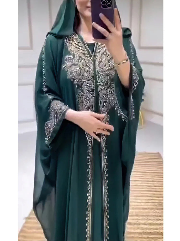 Eid Muslim Dress for Women – Hooded 2-Piece Diamond Jalabiya Kaftan