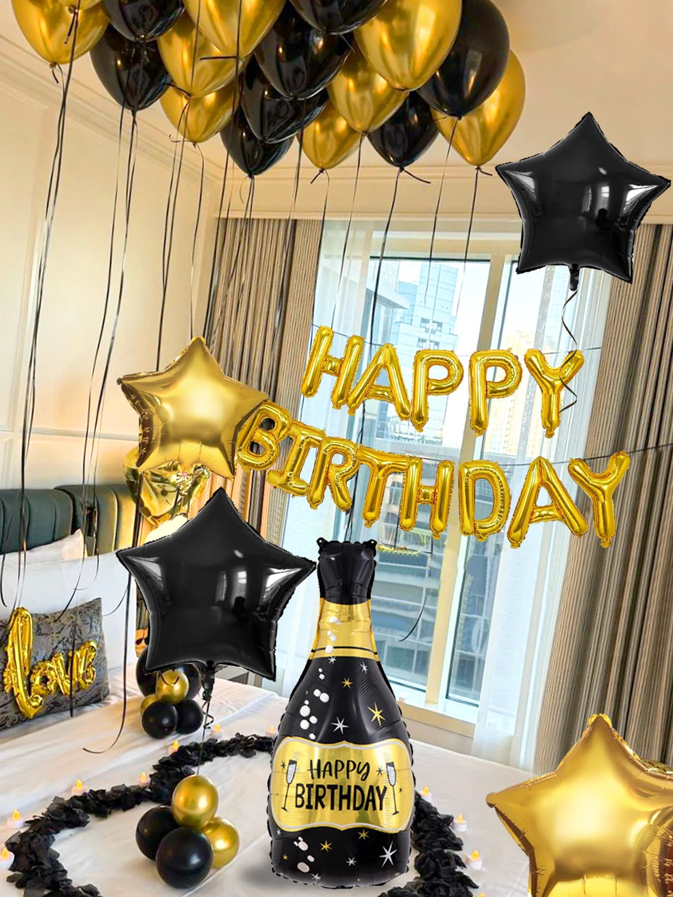 43pcs black and gold "Happy Birthday" letter balloon set, suitable for birthday party decorations, anniversary parties