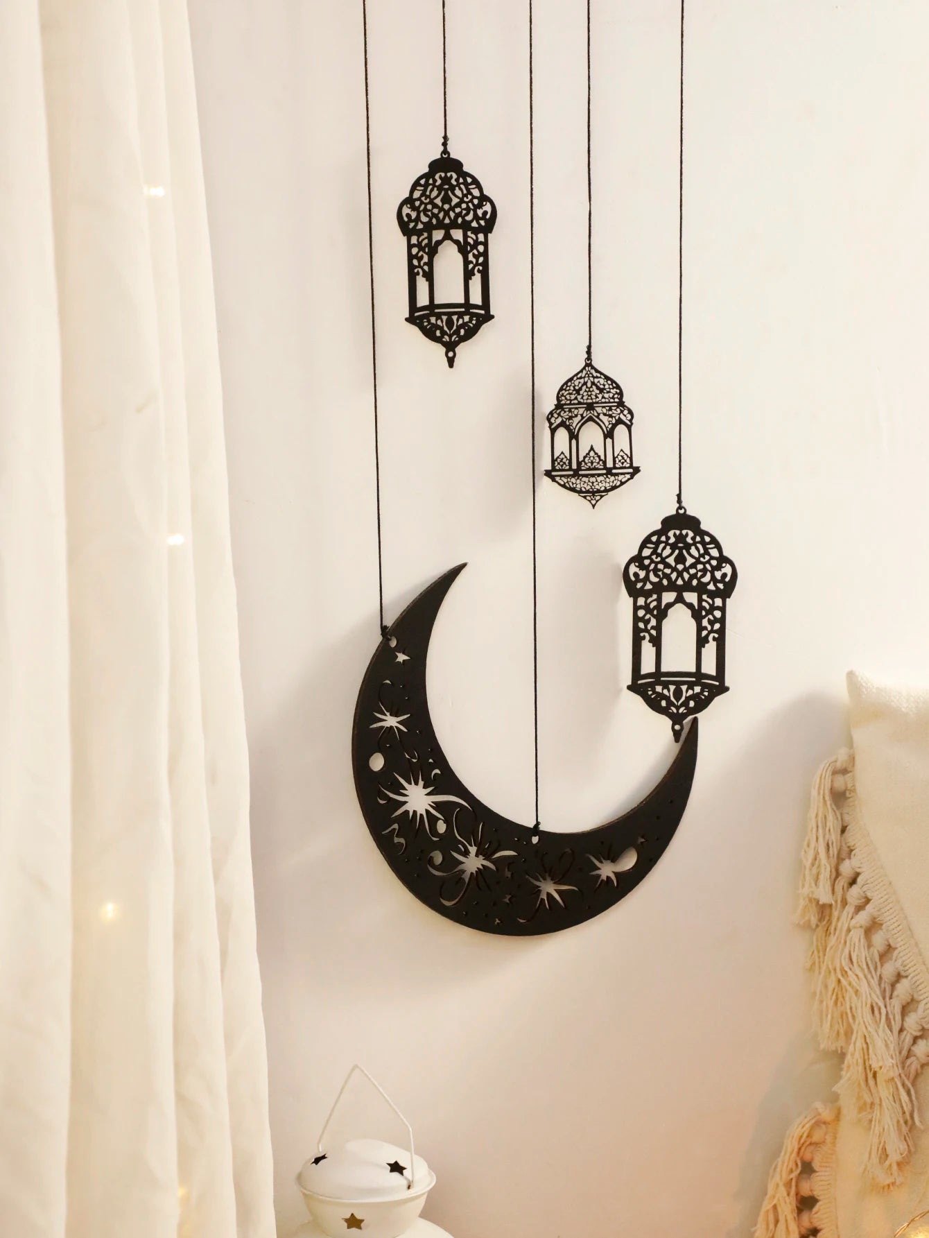 Wooden Wall Decor - Black Wooden Crescent Moon with Star Cutouts , Hanging Lanterns for Ramadan Eid, Islamic Festival Home Decor