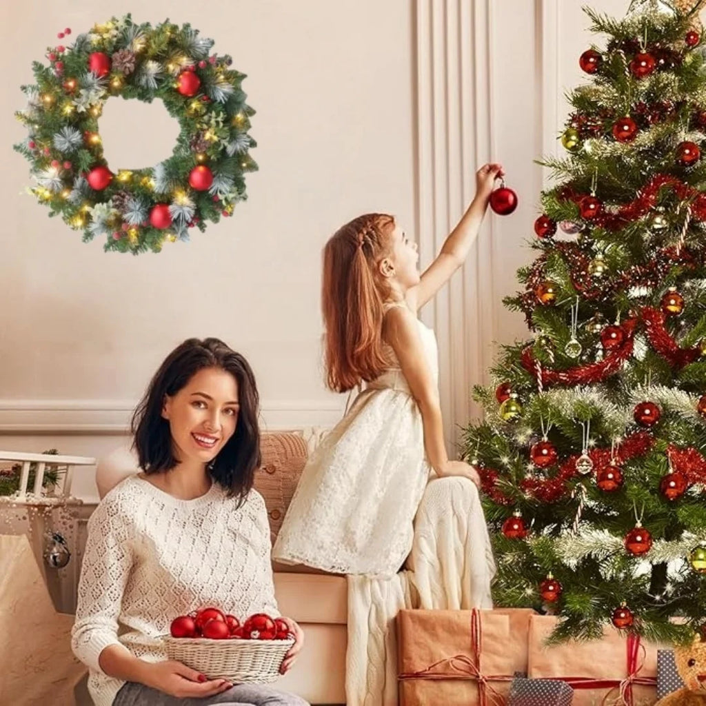 Christmas Wreaths For Front Door With String Lights 35/40cm Christmas Door Wreath With Artificial Pinecone Red Berry Home Decor
