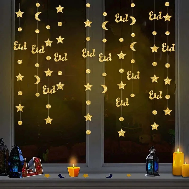 Gold Eid Mubarak Ramadan Decor Paper Star Moon Circle Dot Crescent Lamp Garland for Home Muslim Party Backdrop Banner Decoration