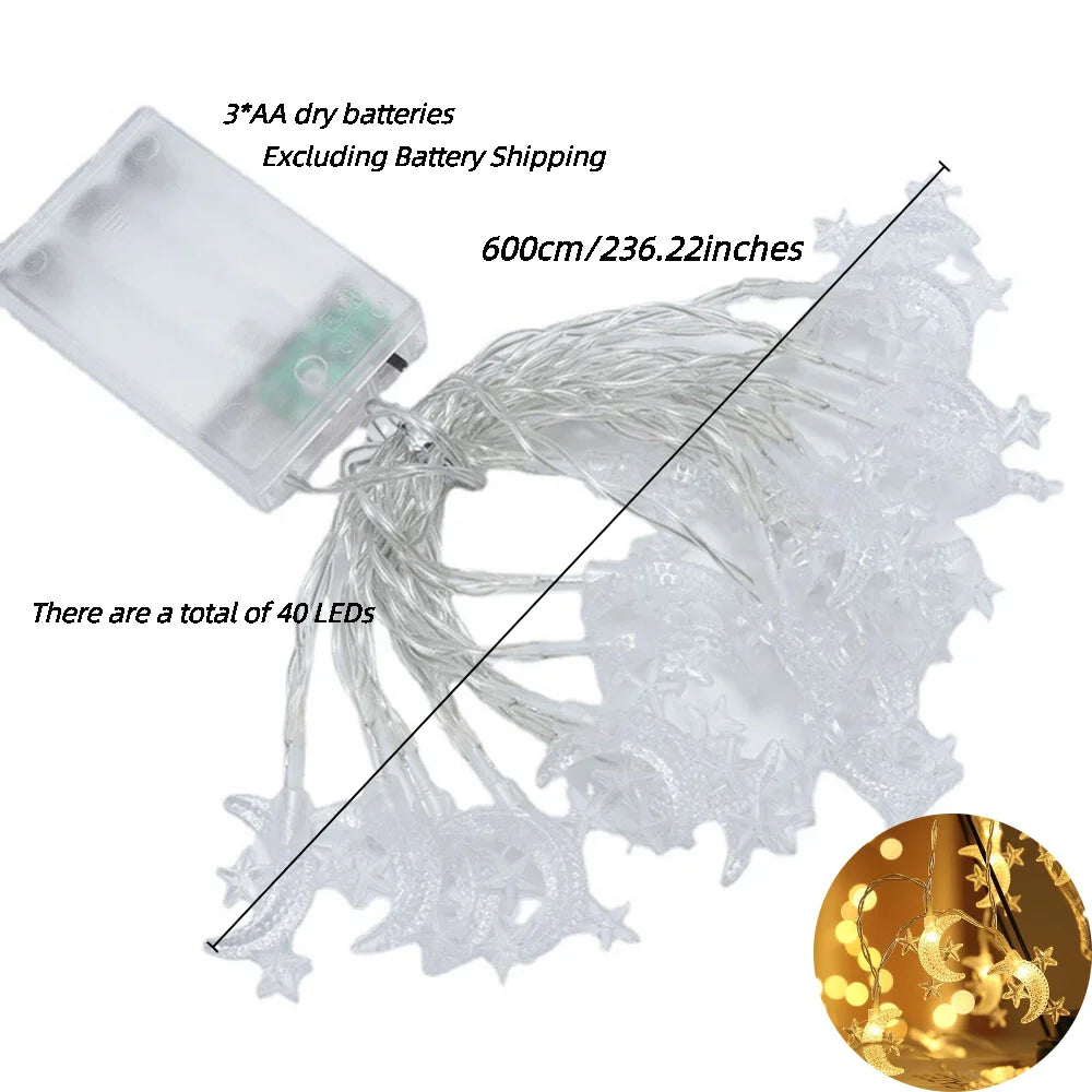 6M 40LEDs Star Moon Rope Lights, Battery Powered, Decoration for Ramadan, Eid Al Fitr, Spring Festival,Valentine's Day