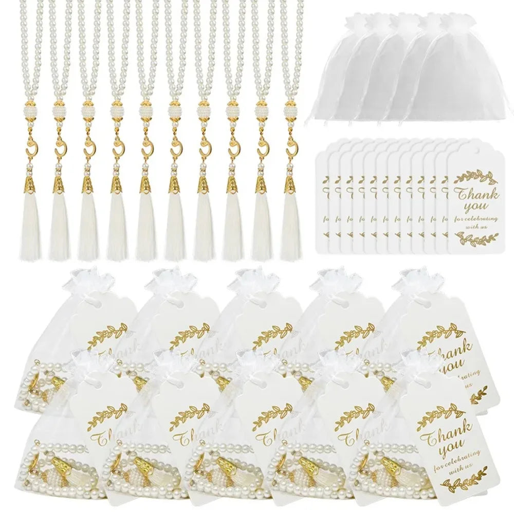 15/30Pcs EID Mubarak Glass Pearls Tassel with Bags and Paper Tag Muslim Islam Prayer Beads Bracelet Hanging Ornament Party Gifts